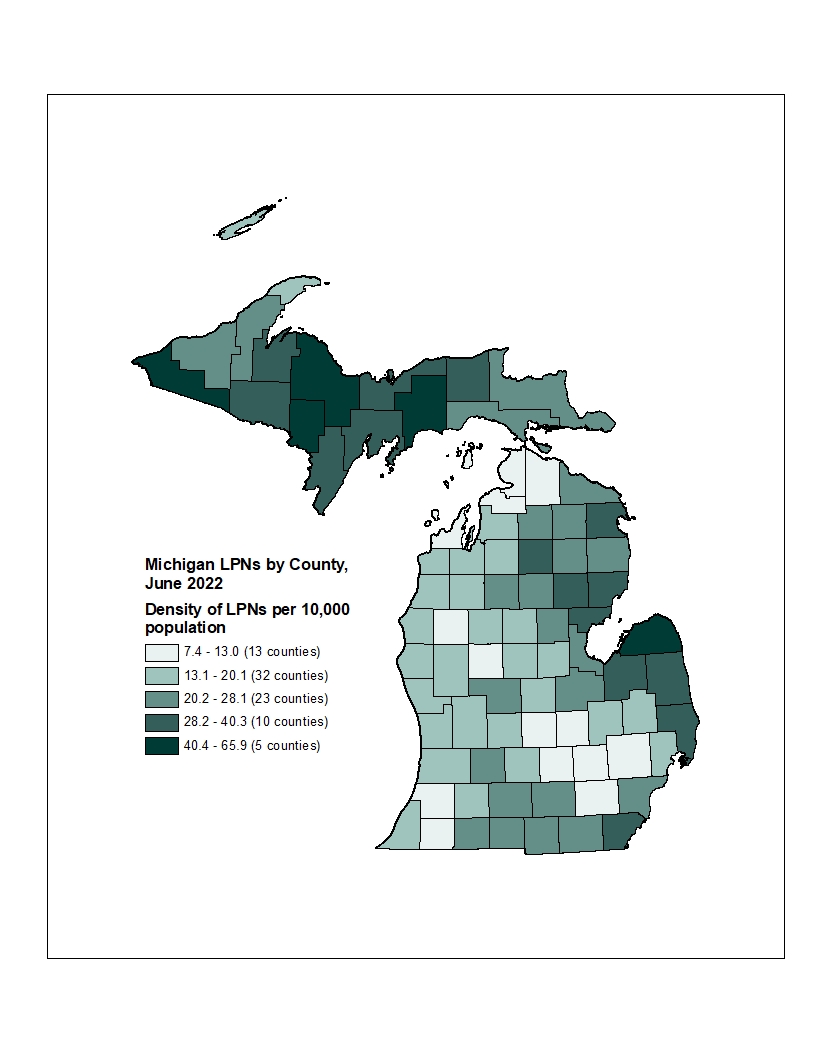 Michigan map of LPNs by county in 2022